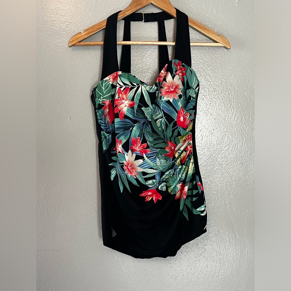 Lands' End Black Swimsuit with Floral Accent Size 8